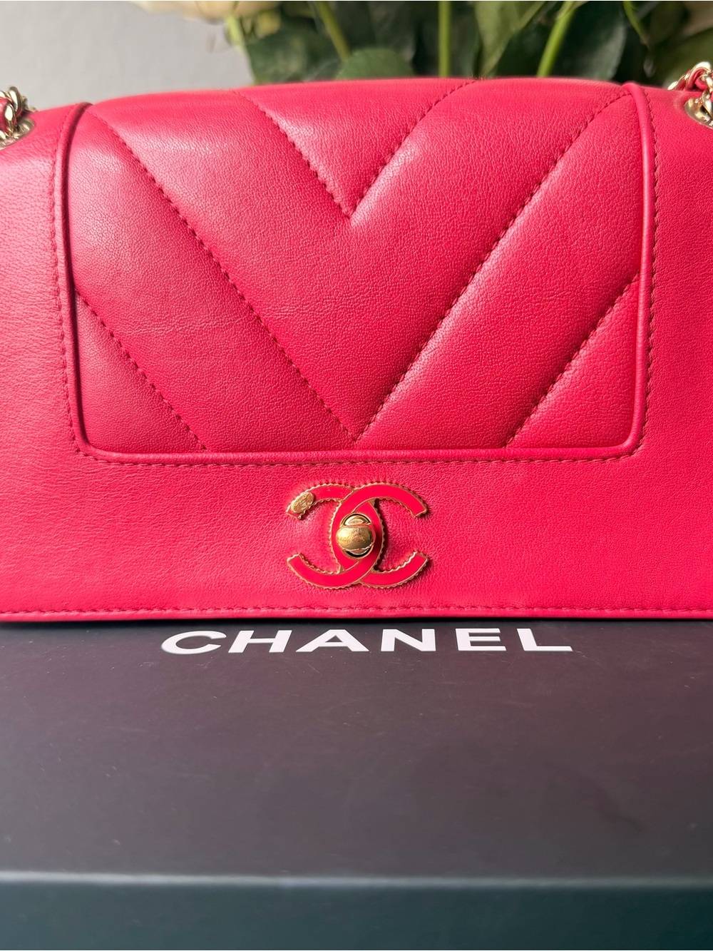 Chanel Mademoiselle Vintage Chevron Shoulder Bag Fuchsia